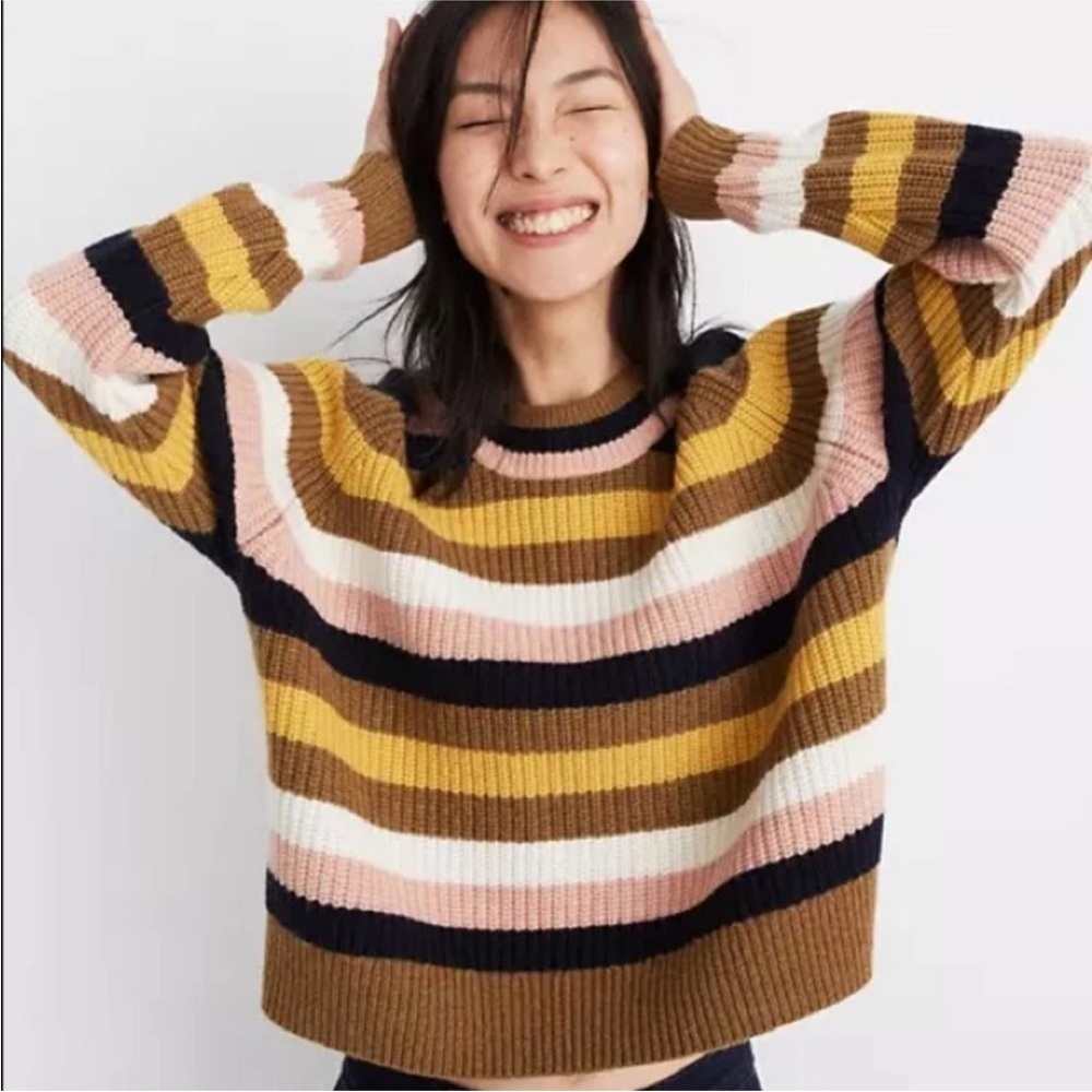 Madewell Striped Tilden Wool Blend Pullover Sweater Medium